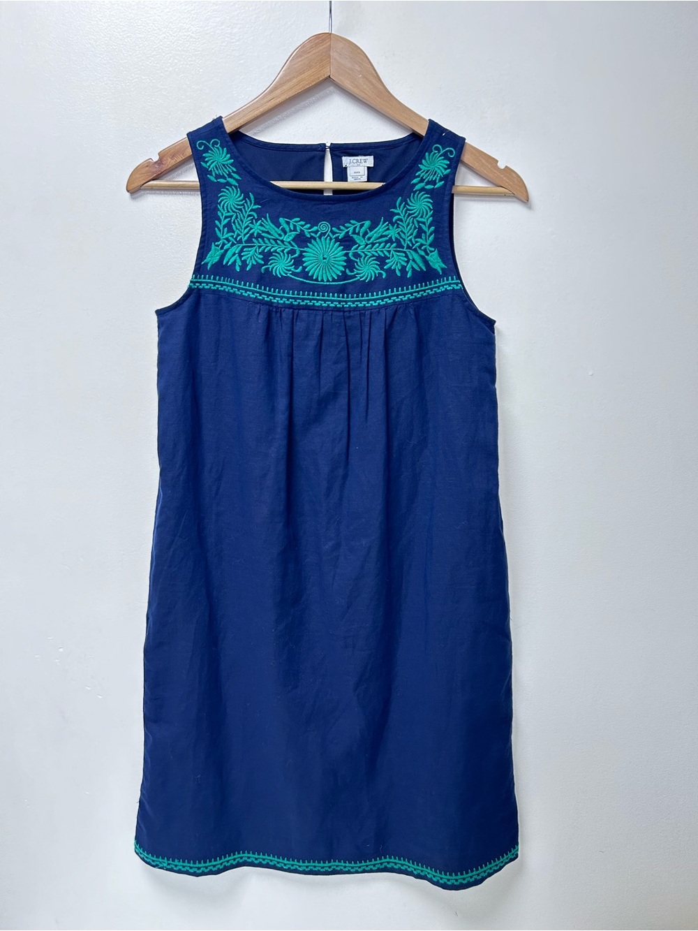 J.Crew Women’s Navy Blue Embroidered Sleeveless Shift Dress Teal Floral Size XXS